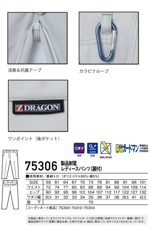 Z-DRAGON 自重堂75306製品制電レディ―スパンツ(裏付)｜作業服・作業着