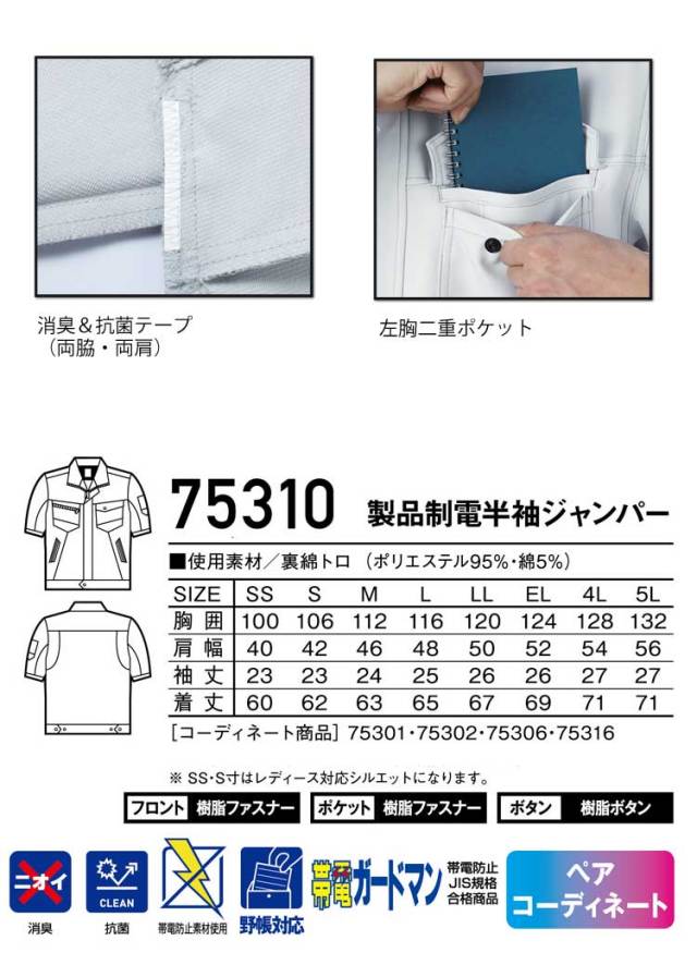 Z-DRAGON 自重堂75310製品制電半袖ジャンパー｜作業服・作業着の総合