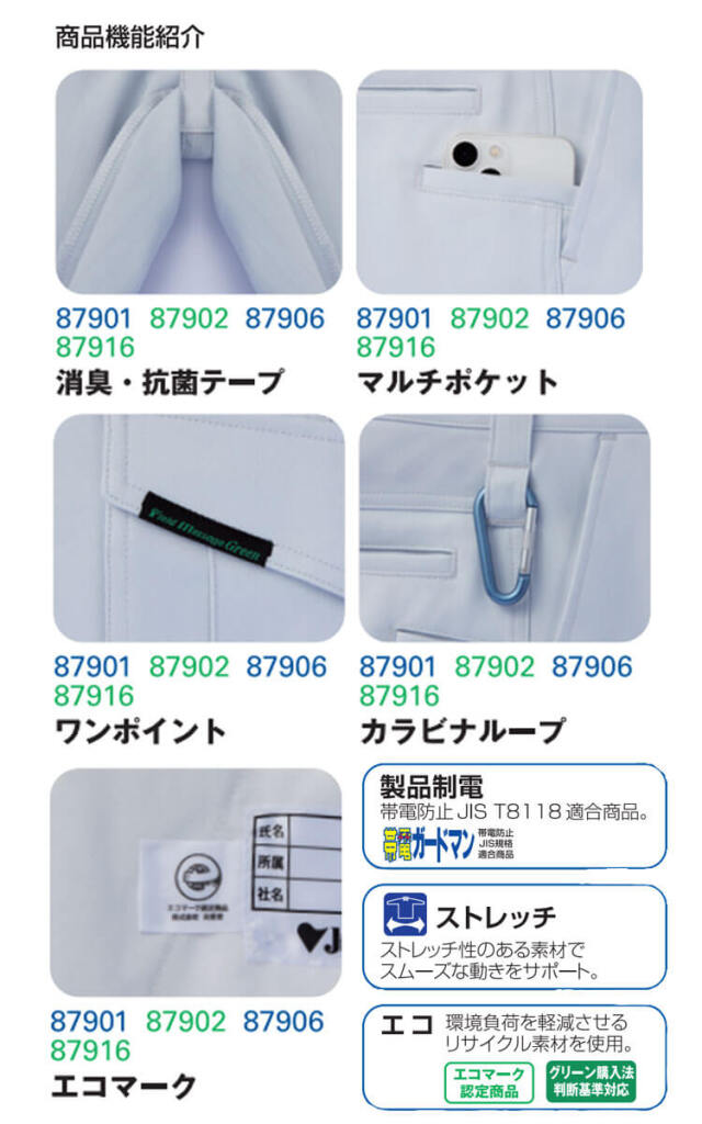 Jichodo 自重堂 エコ製品制電ストレッチノータックパンツ 87901