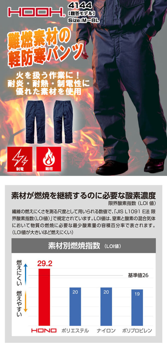 防炎作業服 HOOH 村上被服 難燃軽防寒パンツ 4144