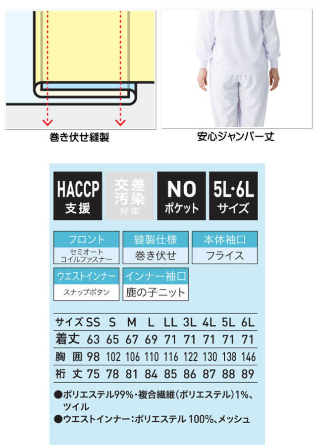 食品工場白衣 長袖ジャンパー AQ-495 男女兼用 サーヴォ SERVO