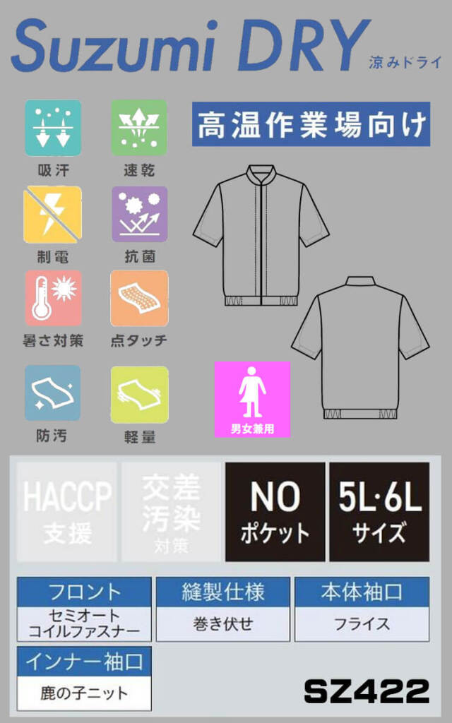 食品工場白衣 半袖ジャンパー SZ422-B｜作業服・作業着の総合通販専門