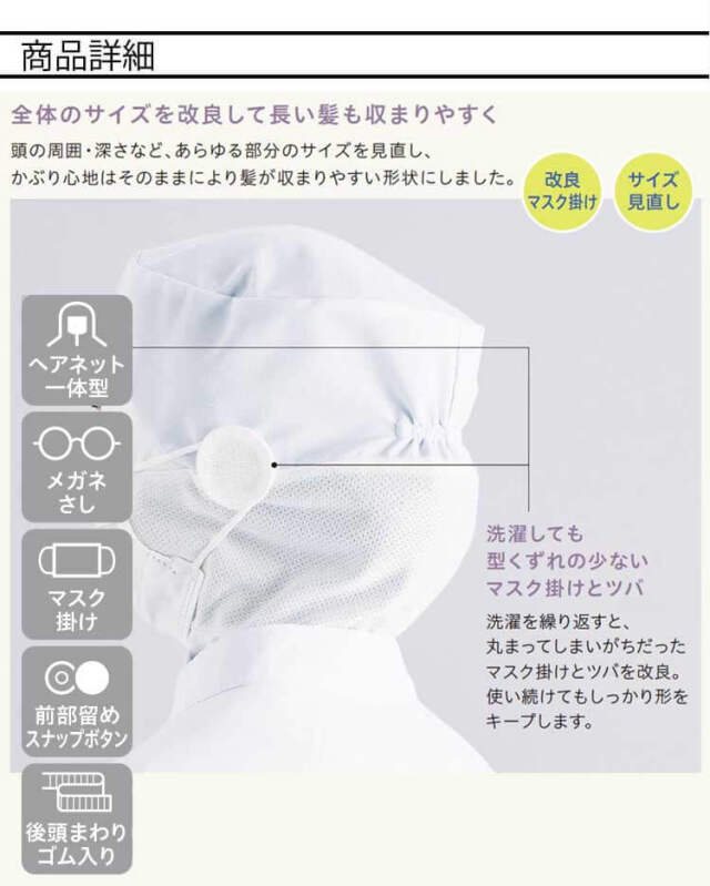 メガネさし対応衛生帽子 ヘアーネット一体型ロングフード SZ52