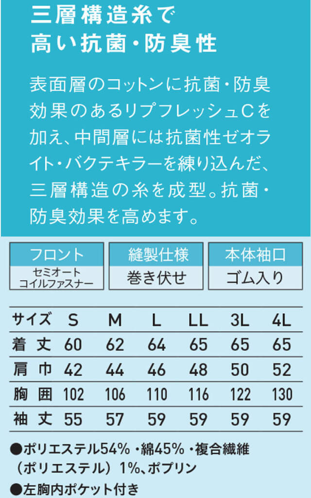 食品工場白衣 長袖ジャンパー US2631 US2632 男性用 サーヴォ SERVO