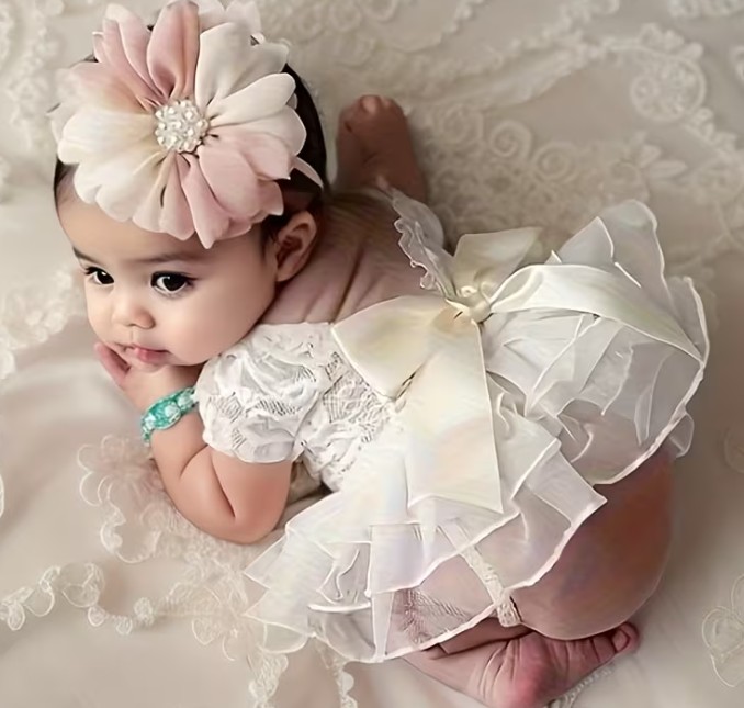 ベビー衣装 お花のヘッドバンド付きふわふわロンパースドレス ベビーホワイト 0～3ヶ月