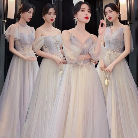 エレガントで光沢のあるバックレス・オフショルダーパーティードレス　ブライズメイドドレス