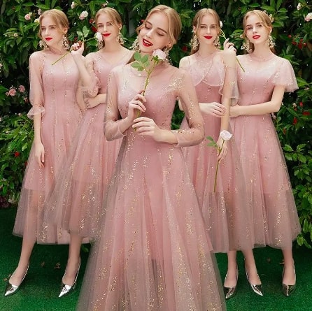 美しいレースのAラインウェディングパーティードレス　ブライズメイドドレス　＜ピンク＞