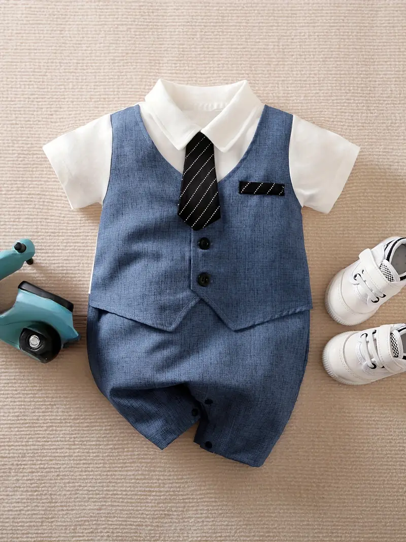 ニューボーンフォト 撮影衣装 ベビー衣装 男の子用 ボーイズ ユニセックス ブルースーツロンパーツ ネクタイ付き 0～18ヶ月