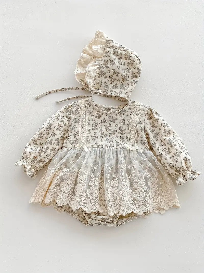 ボンネット付きロンパースドレス ボタニカルレース