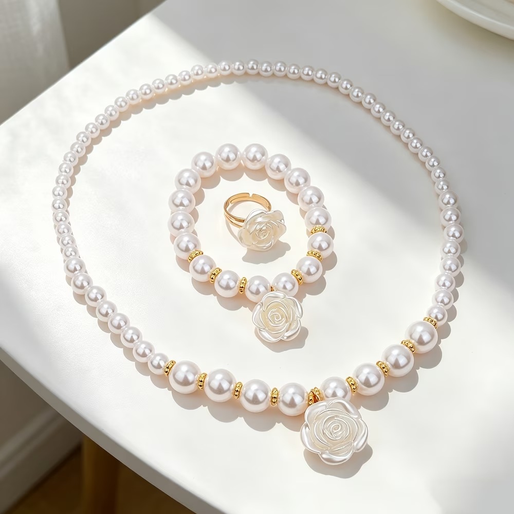 キッズジュエリー3点セット カメリアフラワー ネックレス ブレスレット リング 女の子向け おしゃれでかわいい友情ア