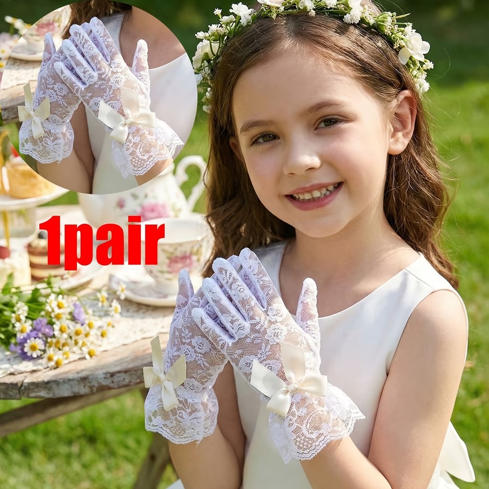 レース手袋 1組 4～12歳の女性・女の子向け - ウェディング、ページェント、フラワーガール、ダンス公演、誕生日プリン