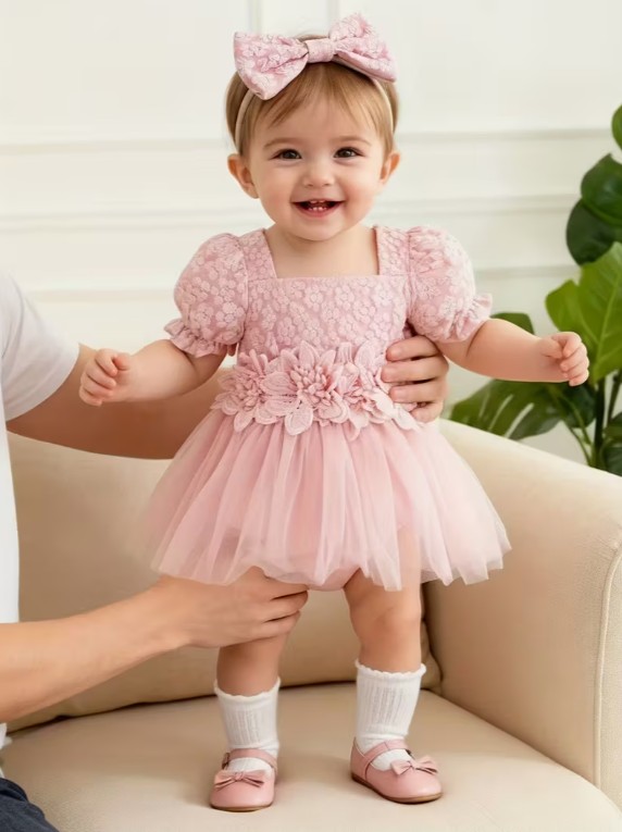 ガールズ パフスリーブロンパースドレス サマードレス リボンのヘアバンド付き  0～18ヶ月