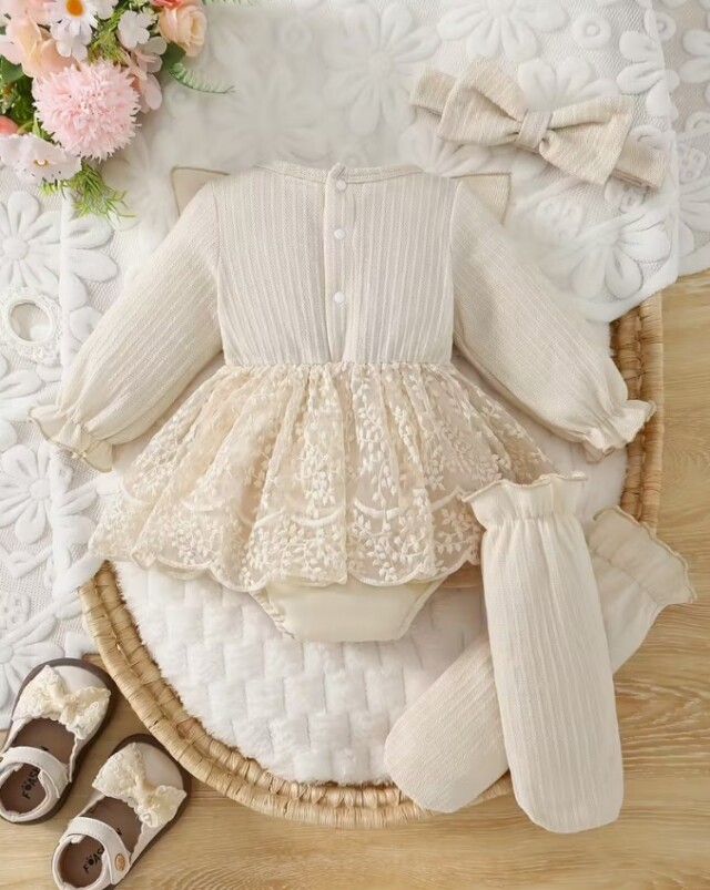 ニューボーンフォト 撮影小物 撮影衣装 ベビー衣装 女の子用ロンパースドレス ヘアバンド付き 長袖 3～18ヶ月