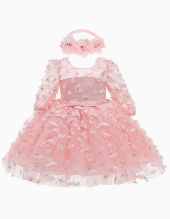 ニューボーンフォト 撮影衣装 ベビー衣装 ガールズ バックリボンのバタフライドレス お花のヘッドバンド付き ピンク 長袖 0～24ヶ月