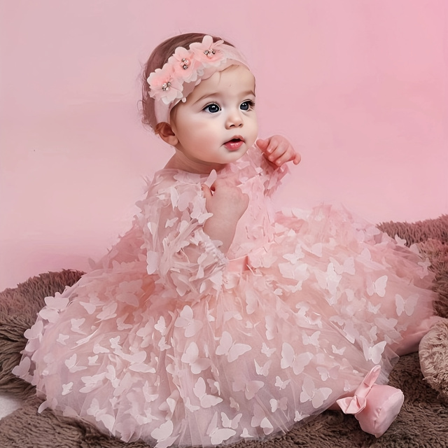 ニューボーンフォト 撮影衣装 ベビー衣装 ガールズ バックリボンのバタフライドレス お花のヘッドバンド付き ピンク 長袖
