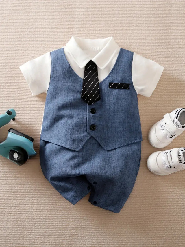 ニューボーンフォト 撮影衣装 ベビー衣装 男の子用 ボーイズ ユニセックス ブルースーツロンパーツ ネクタイ付き 0～18ヶ月