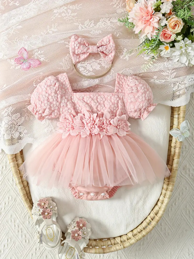 ニューボーンフォト 撮影衣装 女の子用 ガールズ パフ スリーブロンパースドレス サマードレス リボンのヘアバンド付き 0～18ヶ月