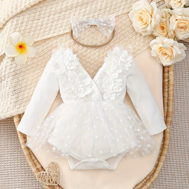 ニューボーンフォト 撮影小物 撮影衣装 ベビー衣装 2点セット ハートチュールスカートロンパース＆ヘッドバンド 長袖 Vネック ０～３歳