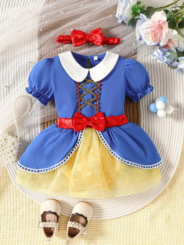 ニューボーンフォト 撮影衣装 ベビー衣装 女の子用 ガールズ ヘアバンド付きプリンセスドレス ブルー＆イエロー 0～18ヶ月