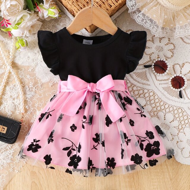 ニューボーンフォト 撮影衣装 ベビー衣装 ウイングスリーブとチュールスカートのロンパース リボンベルト付き