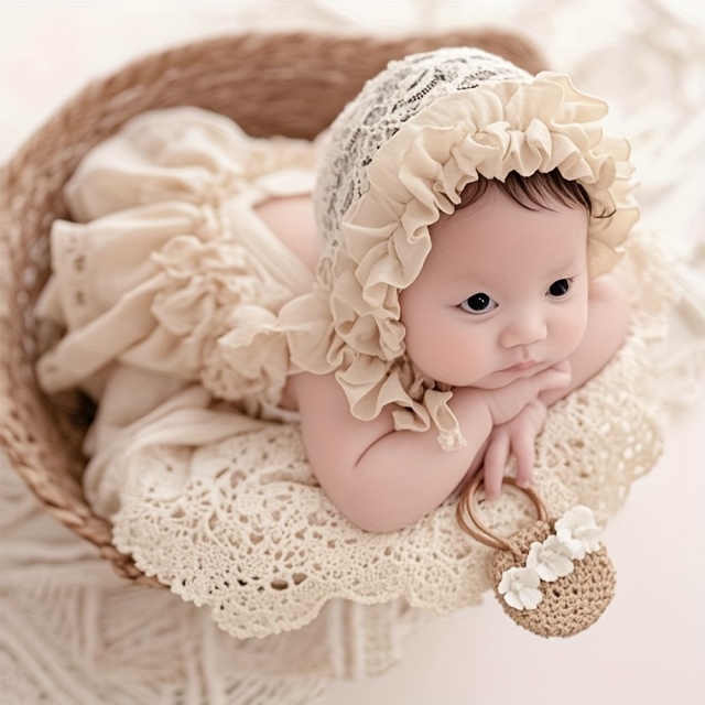 ニューボーンフォト 撮影小物 撮影衣装 ベビー衣装 ボンネット付きロンパースドレス ピュアホワイト/ナチュラルベージュ 0～3ヶ月