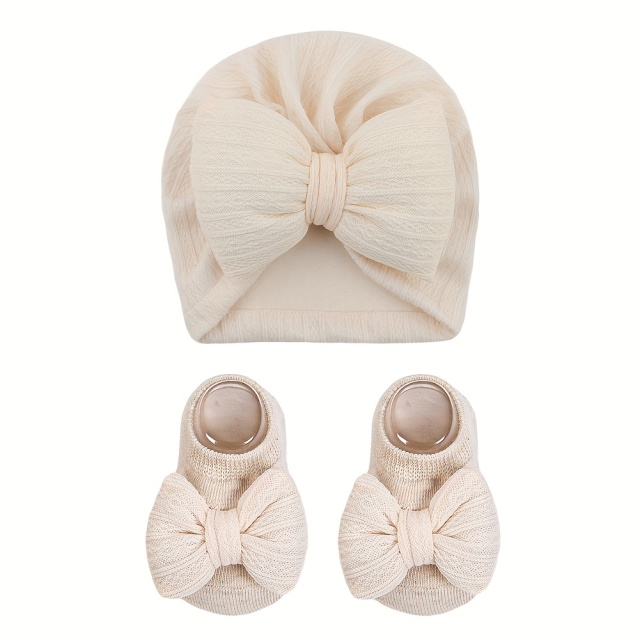 ニューボーンフォト 撮影小物 撮影衣装 ベビー衣装 大きなリボンのニットキャップ＆ソックス 2個セット 0～12ヶ月 5色