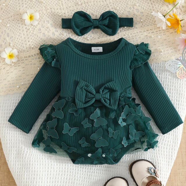 ニューボーンフォト 撮影衣装 ベビー衣装 ガールズ ウエストリボンバタフライロンパース ヘッドバンド付き