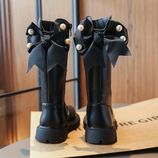 【1足】ガールズ ロングブーツ 秋の新作 リボン付き 万能 無地 ファッション ハイブーツ