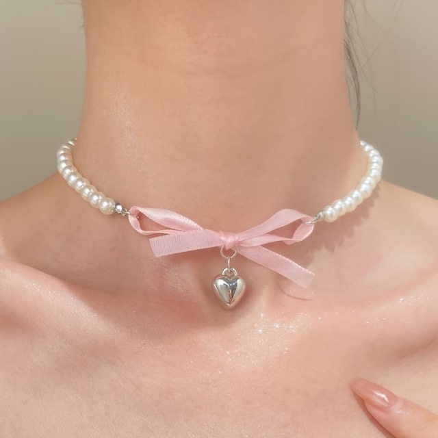 フレンチスタイル ロマンチック ピンクリボン ハートペンダント イミテーションフェイクパール ビーズネックレス 女の