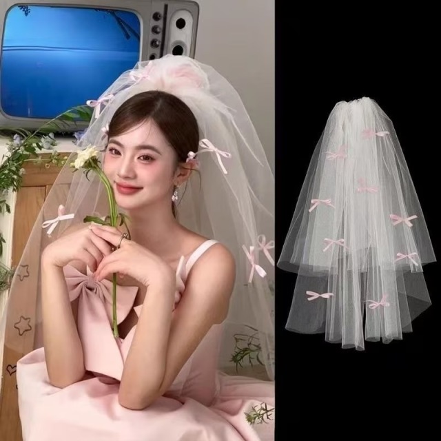 リボン付き 二重メッシュ ショートベール