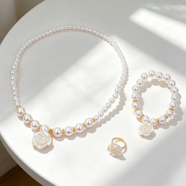 キッズジュエリー3点セット カメリアフラワー ネックレス ブレスレット リング 女の子向け おしゃれでかわいい友情ア