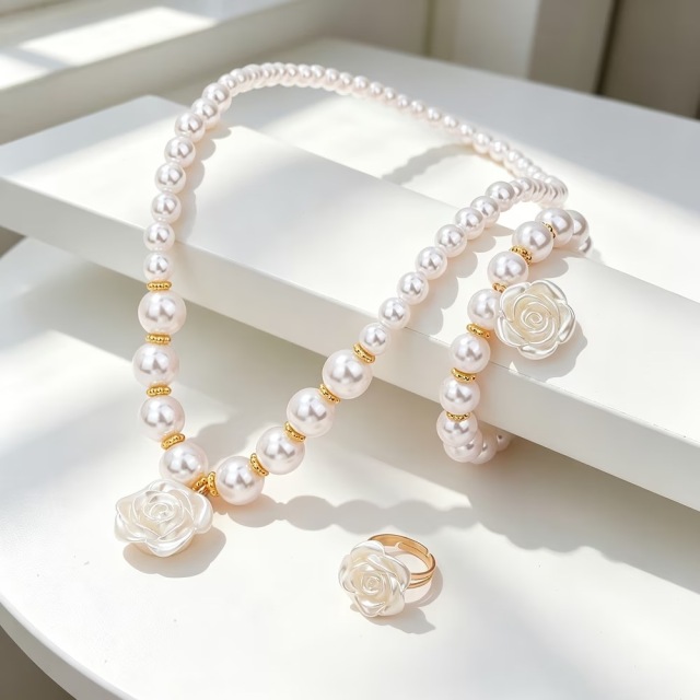 キッズジュエリー3点セット カメリアフラワー ネックレス ブレスレット リング 女の子向け おしゃれでかわいい友情ア