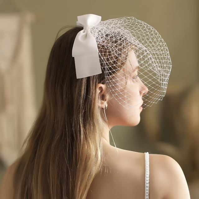 ヴィンテージ 花嫁用リボン付きベール フェイスカバー 白いウェディングドレス 写真撮影用小道具 ヘッドピース