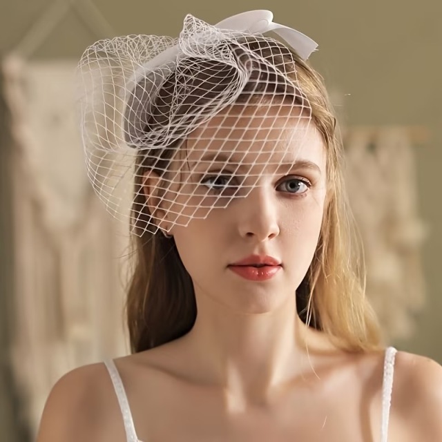 ヴィンテージ 花嫁用リボン付きベール フェイスカバー 白いウェディングドレス 写真撮影用小道具 ヘッドピース
