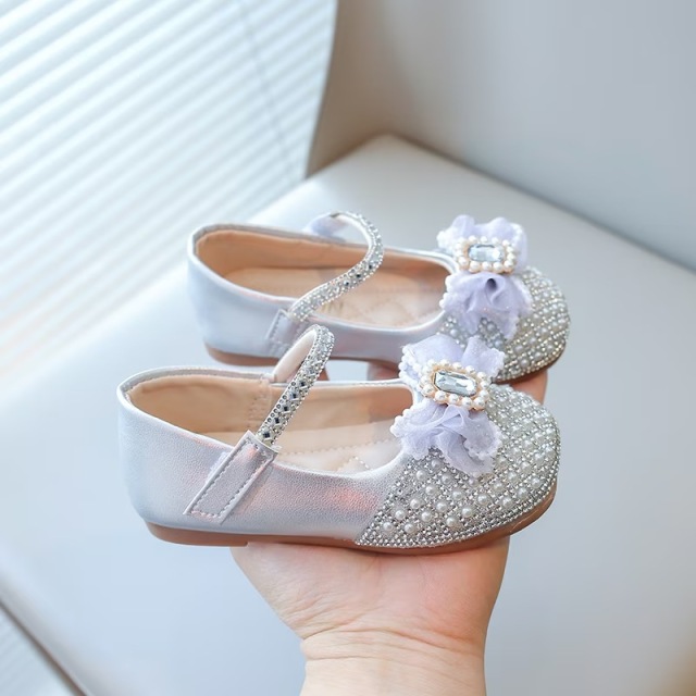 ガールズ ラインストーンビーズ付きダンスシューズ クロージャー付き /PVCソール 結婚式、ステージパフォーマンス用