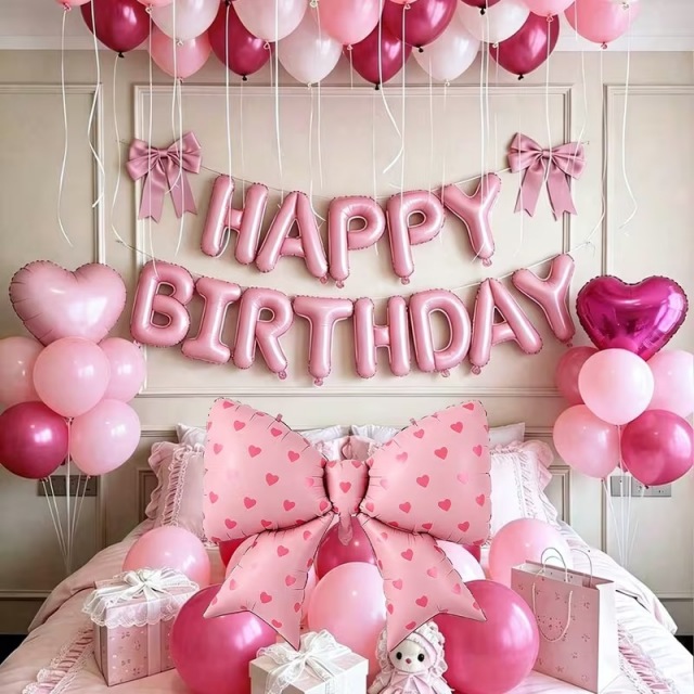 ピンク リボン＆ハッピーバースデー バルーン49点セット
