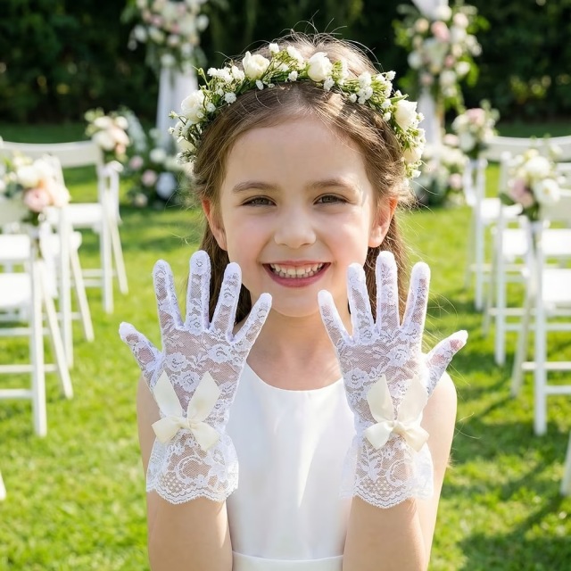 レース手袋 1組 4～12歳の女性・女の子向け - ウェディング、ページェント、フラワーガール、ダンス公演、誕生日プリン