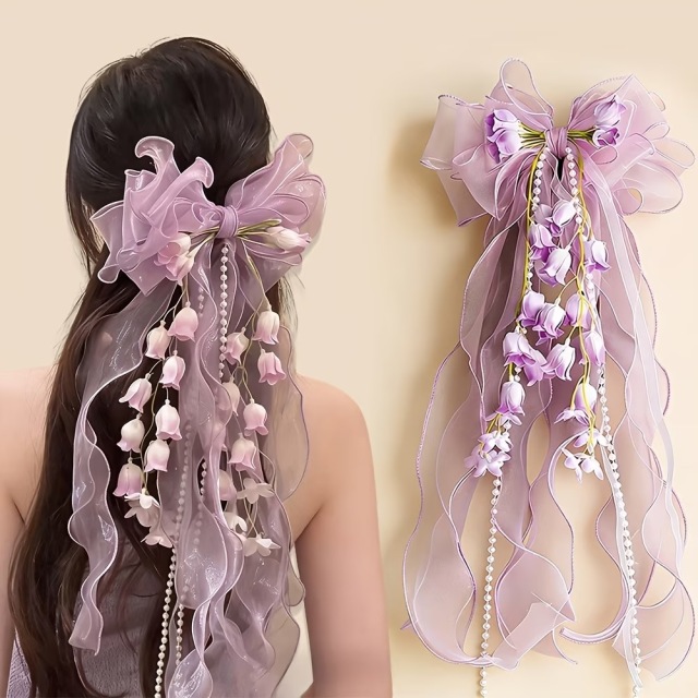 新作 フローラル ロングリボン オーガンザ ボウヘアクリップ