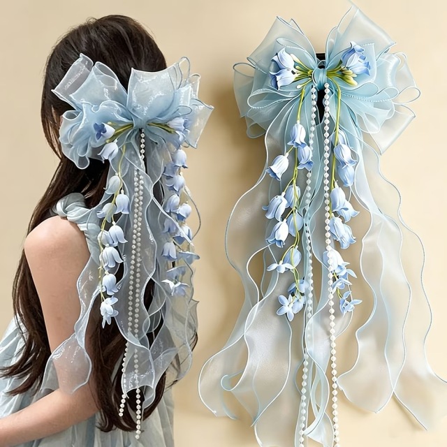 新作 フローラル ロングリボン オーガンザ ボウヘアクリップ