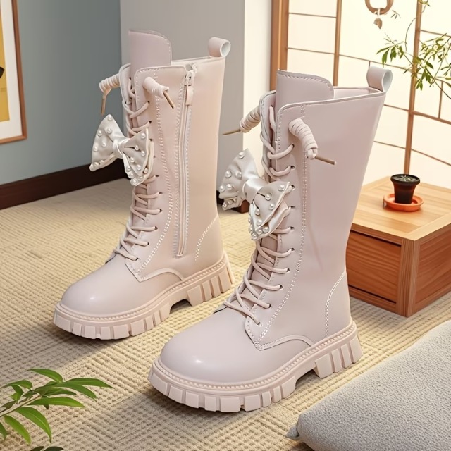 【新商品】ガールズ パールリボン ハイカーフブーツ、レースアップ サイドジッパー プリンセスブーツ