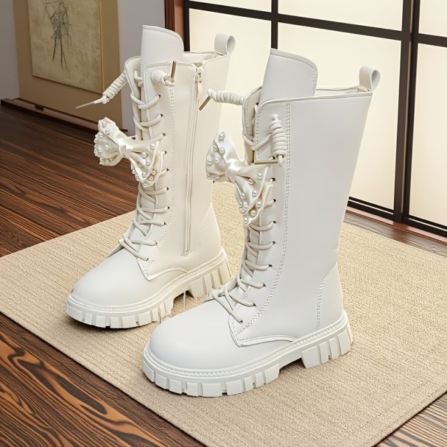 【新商品】ガールズ パールリボン ハイカーフブーツ、レースアップ サイドジッパー プリンセスブーツ