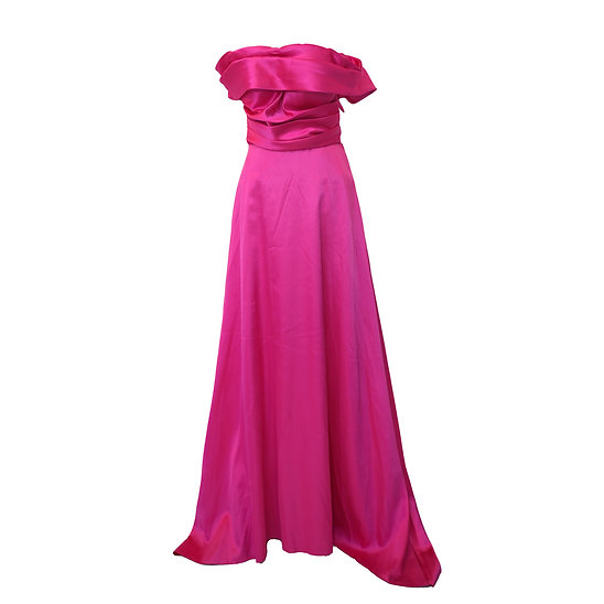 大人可愛いホットピンクのオフショルサテンドレス