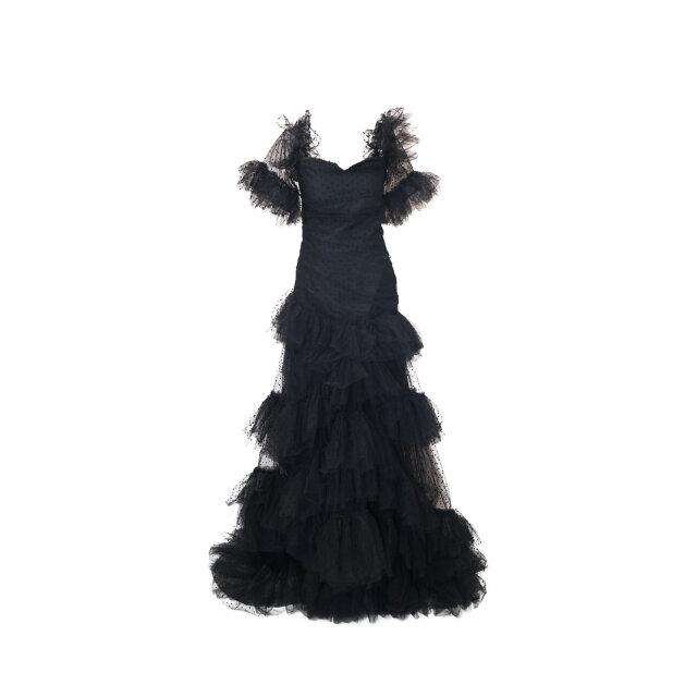 フリルたっぷりブラックロングチュールドレス