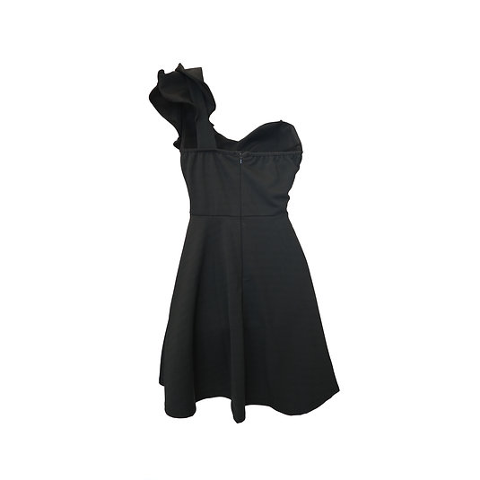 リボンアクセントのブラックワンショルダーミニドレス