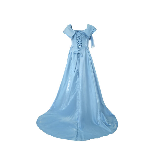 ブルーサテンのアンシンメトリーリボンドレス