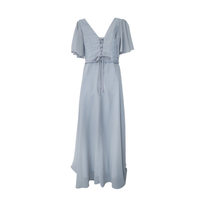 艶やかグレーのクロスVネックマキシ丈ドレス