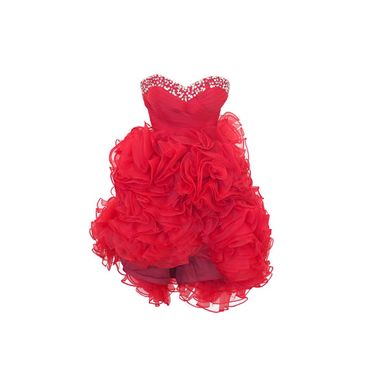 華やかビジューのボリュームレッドミニ丈ドレス