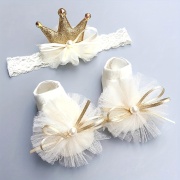 ニューボーンフォト 撮影小物 撮影衣装 ベビーヘッドバンド＆ソックスセット 0～1歳 ホワイト/ピンク