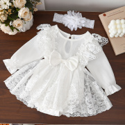 ニューボーンフォト 撮影衣装 ベビー衣装 女の子用ウエストリボンレースドレス お花のヘッドバンド付き ホワイト 長袖 0～18ヶ月