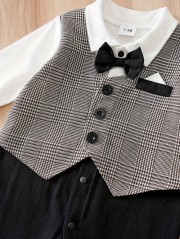 チェック柄ベストコットンロンパース